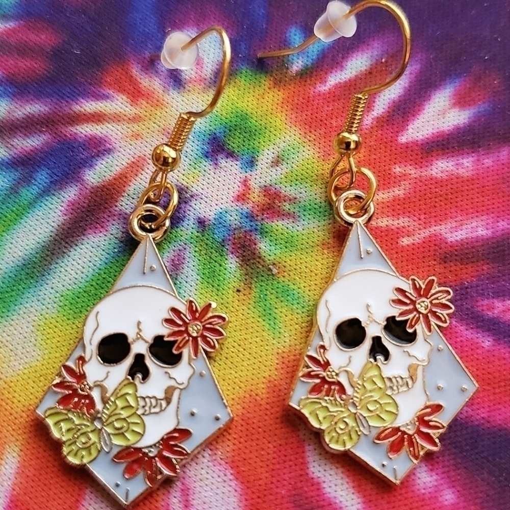 Handmade diamond skull butterfly flower earrings - Picture 1 of 5